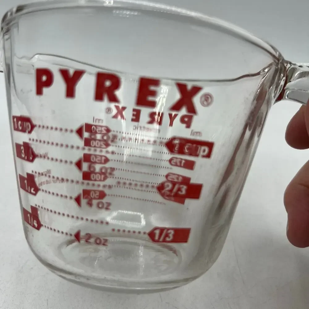 Vintage Pyrex 1 Cup Measuring Cup L Handle Red Lettering Corning USA Glass AS IS